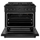 ZLINE 36 in. 5.2 cu. ft. Paramount Gas Range with 6 Burner DuoPro™ Cooktop and Convection Gas Oven in Black Stainless Steel (PSGRB-36) front, oven open.