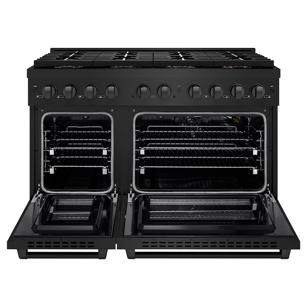 ZLINE 48 in. 6.7 cu. ft. Paramount Gas Range with 8 Burner DuoPro™ Cooktop and Dual Ovens in Black Stainless Steel (PSGRB-48) front, oven open.