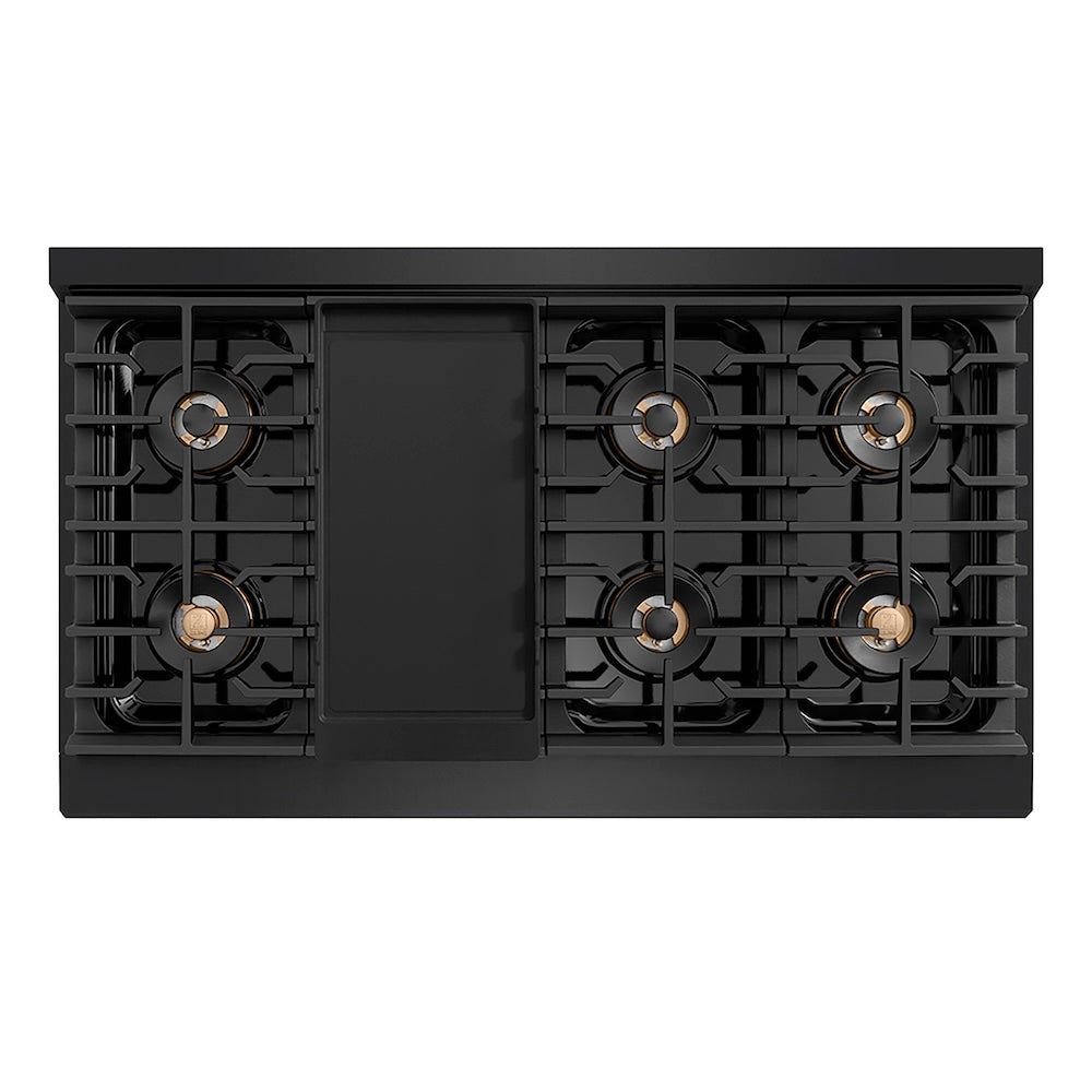 ZLINE 48 in. 6.7 cu. ft. Paramount Gas Range with 8 Burner DuoPro™ Cooktop and Dual Ovens in Black Stainless Steel (PSGRB-48) top-down, above cooktop.