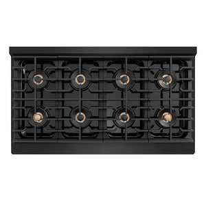 ZLINE 48 in. 6.7 cu. ft. Paramount Gas Range with 8 Burner DuoPro™ Cooktop and Dual Ovens in Black Stainless Steel (PSGRB-48) top-down, above cooktop.