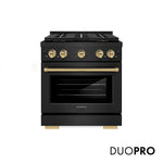 ZLINE Autograph Edition 30 in. 4.2 cu. ft. Paramount Gas Range with 4 Burner DuoPro™ Cooktop and Convection Gas Oven in Black Stainless Steel and Champagne Bronze Accents, Open Box-Good Condition