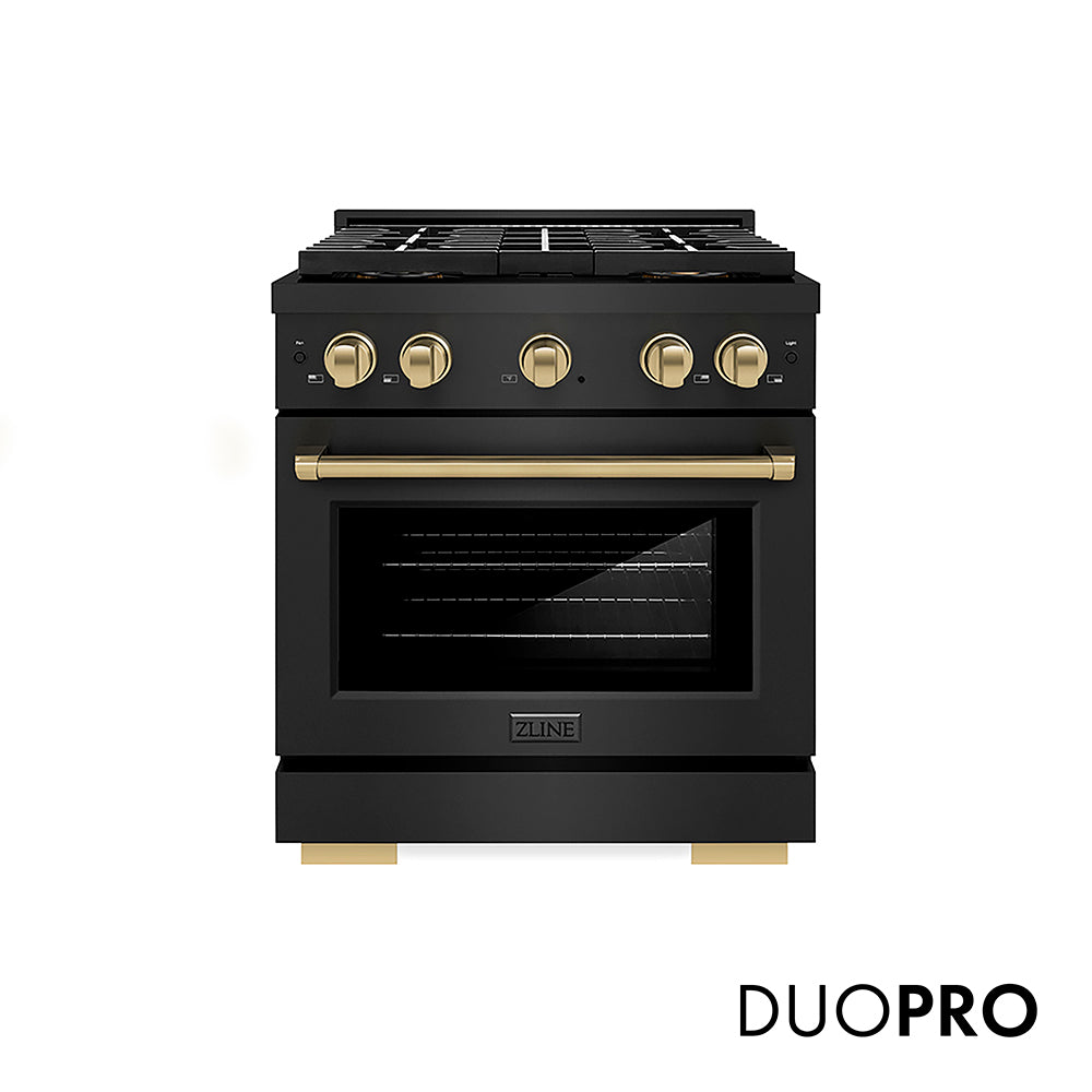 ZLINE Autograph Edition 30 in. 4.2 cu. ft. Paramount Gas Range with 4 Burner DuoPro™ Cooktop and Convection Gas Oven in Black Stainless Steel and Champagne Bronze Accents, Open Box-Good Condition