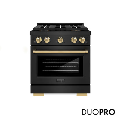 ZLINE Autograph Edition 30 in. 4.2 cu. ft. Paramount Gas Range with 4 Burner DuoPro™ Cooktop and Convection Gas Oven in Black Stainless Steel and Champagne Bronze Accents, Open Box-Good Condition