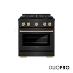 ZLINE Autograph Edition 30 in. 4.2 cu. ft. Paramount Gas Range with 4 Burner DuoPro™ Cooktop and Convection Gas Oven in Black Stainless Steel and Champagne Bronze Accents (PSGRBZ-30-CB) front.