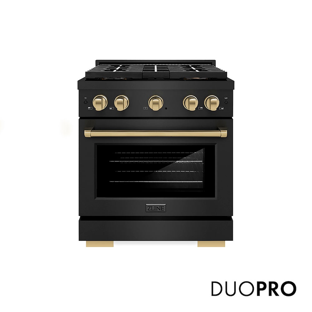 ZLINE Autograph Edition 30 in. 4.2 cu. ft. Paramount Gas Range with 4 Burner DuoPro™ Cooktop and Convection Gas Oven in Black Stainless Steel and Champagne Bronze Accents (PSGRBZ-30-CB) front.