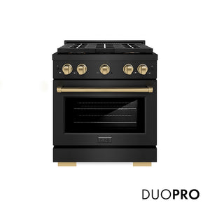 ZLINE Autograph Edition 30 in. 4.2 cu. ft. Paramount Gas Range with 4 Burner DuoPro™ Cooktop and Convection Gas Oven in Black Stainless Steel and Champagne Bronze Accents (PSGRBZ-30-CB) main image.