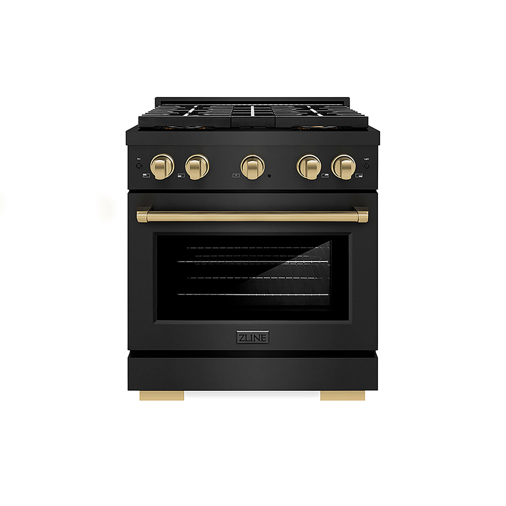 ZLINE Autograph Edition 30 in. 4.2 cu. ft. Paramount Gas Range with 4 Burner DuoPro™ Cooktop and Convection Gas Oven in Black Stainless Steel and Champagne Bronze Accents, Open Box-Good Condition