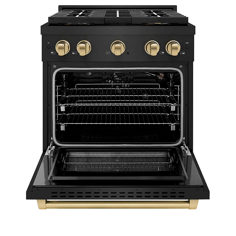 ZLINE Autograph Edition 30 in. 4.2 cu. ft. Paramount Gas Range with 4 Burner DuoPro™ Cooktop and Convection Gas Oven in Black Stainless Steel and Champagne Bronze Accents, Open Box-Good Condition