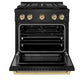 ZLINE Autograph Edition 30 in. 4.2 cu. ft. Paramount Gas Range with 4 Burner DuoPro™ Cooktop and Convection Gas Oven in Black Stainless Steel and Champagne Bronze Accents (PSGRBZ-30-CB) front, oven open.