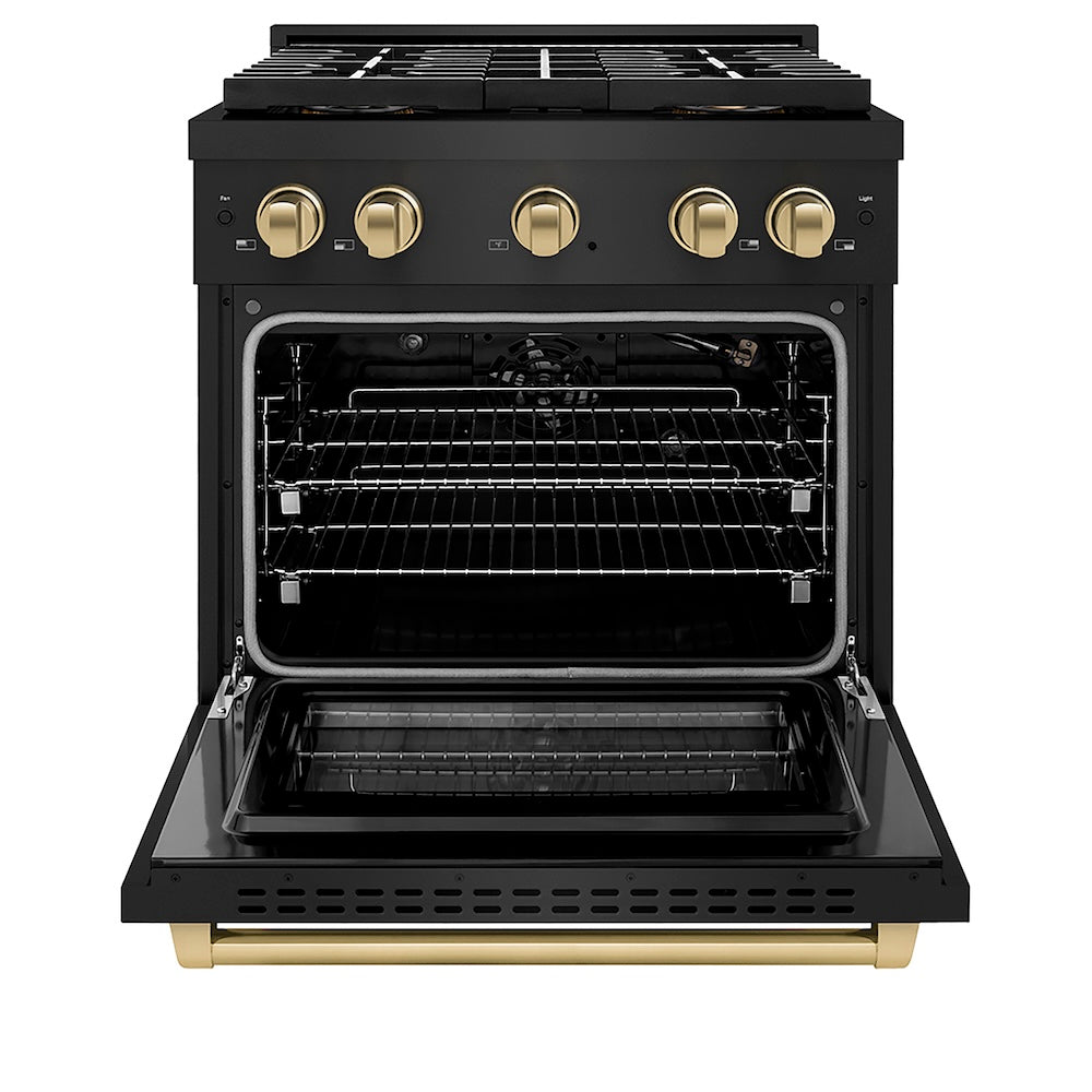 ZLINE Autograph Edition 30 in. 4.2 cu. ft. Paramount Gas Range with 4 Burner DuoPro™ Cooktop and Convection Gas Oven in Black Stainless Steel and Champagne Bronze Accents (PSGRBZ-30-CB) front, oven open.