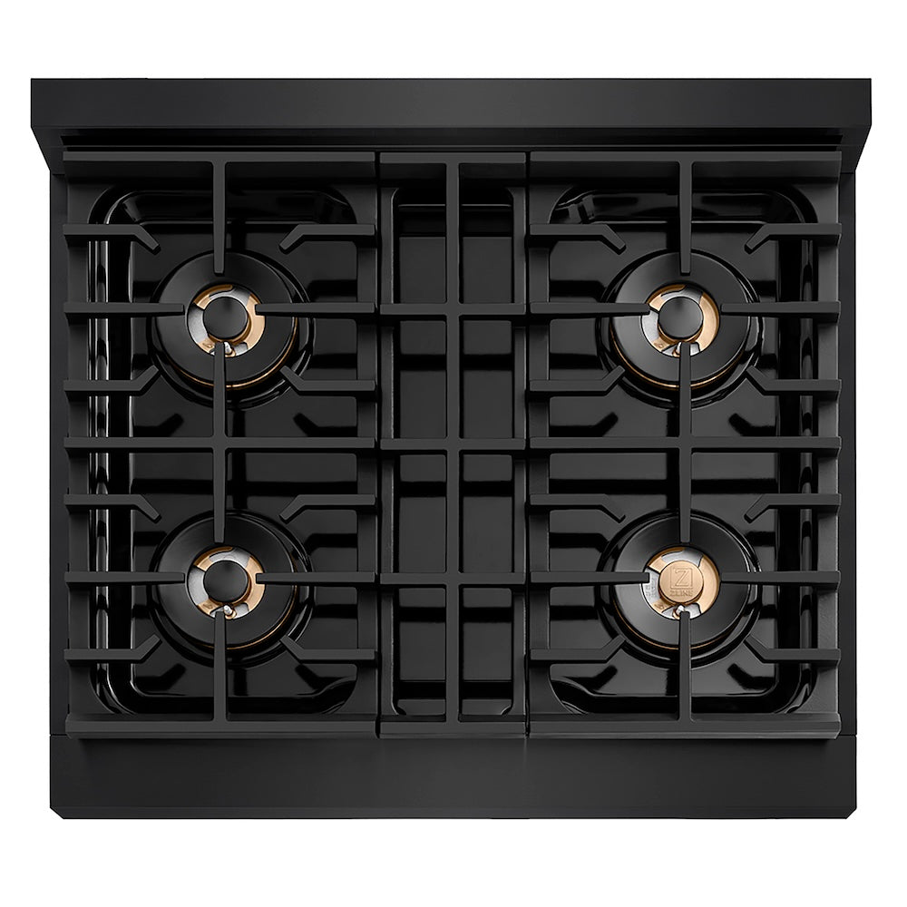 ZLINE Autograph Edition 30 in. 4.2 cu. ft. Paramount Gas Range with 4 Burner DuoPro™ Cooktop and Convection Gas Oven in Black Stainless Steel and Champagne Bronze Accents (PSGRBZ-30-CB) top-down, above cooktop.