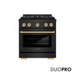 ZLINE Autograph Edition 30 in. 4.2 cu. ft. Paramount Gas Range with 4 Burner DuoPro™ Cooktop and Convection Gas Oven in Black Stainless Steel and Polished Gold Accents (PSGRBZ-30-G) front, with DuoPro™ logo.