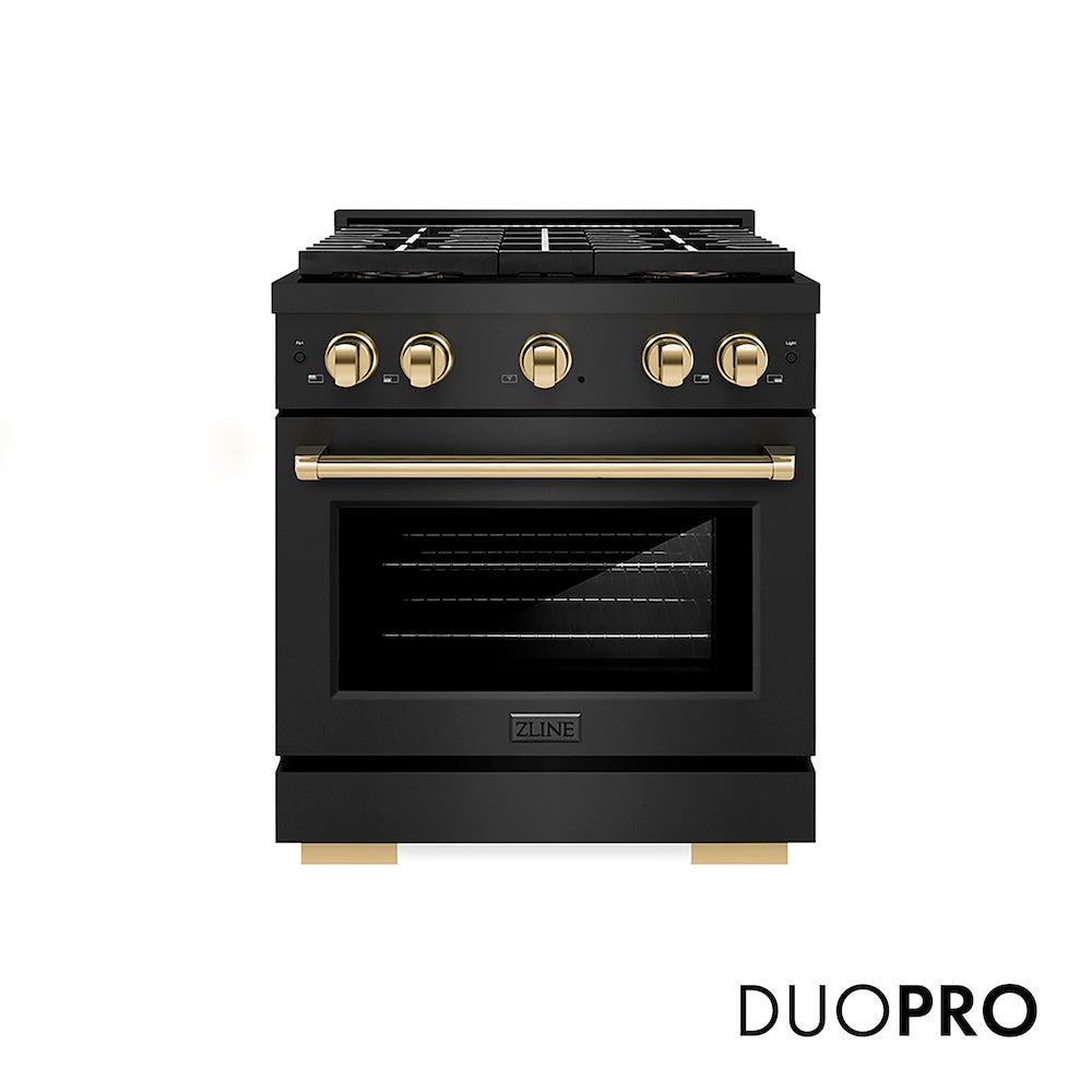 ZLINE Autograph Edition 30 in. 4.2 cu. ft. Paramount Gas Range with 4 Burner DuoPro™ Cooktop and Convection Gas Oven in Black Stainless Steel and Polished Gold Accents (PSGRBZ-30-G) front, with DuoPro™ logo.