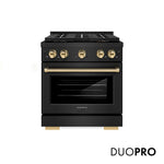 ZLINE Autograph Edition 30 in. 4.2 cu. ft. Paramount Gas Range with 4 Burner DuoPro™ Cooktop and Convection Gas Oven in Black Stainless Steel and Polished Gold Accents, Open Box-Good Condition