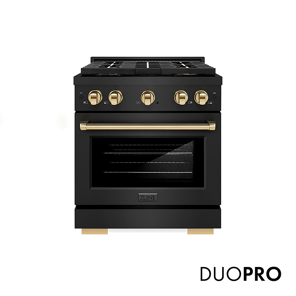 ZLINE Autograph Edition 30 in. 4.2 cu. ft. Paramount Gas Range with 4 Burner DuoPro™ Cooktop and Convection Gas Oven in Black Stainless Steel and Polished Gold Accents, Open Box-Good Condition