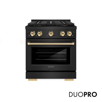 ZLINE Autograph Edition 30 in. 4.2 cu. ft. Paramount Gas Range with 4 Burner DuoPro™ Cooktop and Convection Gas Oven in Black Stainless Steel and Polished Gold Accents, Open Box-Good Condition