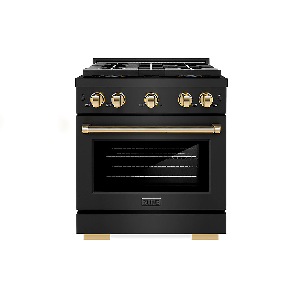 ZLINE Autograph Edition 30 in. 4.2 cu. ft. Paramount Gas Range with 4 Burner DuoPro™ Cooktop and Convection Gas Oven in Black Stainless Steel and Polished Gold Accents, Open Box-Good Condition