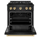 ZLINE Autograph Edition 30 in. 4.2 cu. ft. Paramount Gas Range with 4 Burner DuoPro™ Cooktop and Convection Gas Oven in Black Stainless Steel and Polished Gold Accents (PSGRBZ-30-G) front, oven open.