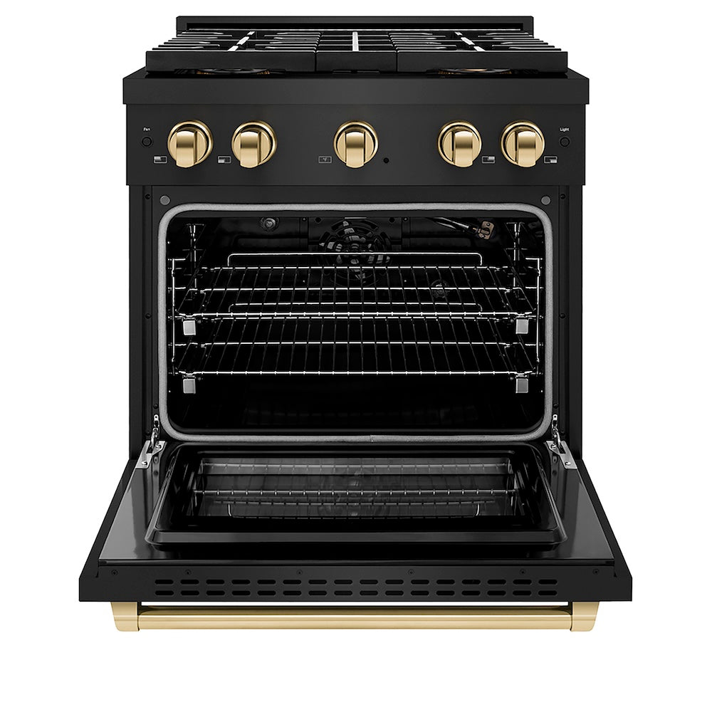 ZLINE Autograph Edition 30 in. 4.2 cu. ft. Paramount Gas Range with 4 Burner DuoPro™ Cooktop and Convection Gas Oven in Black Stainless Steel and Polished Gold Accents (PSGRBZ-30-G) front, oven open.
