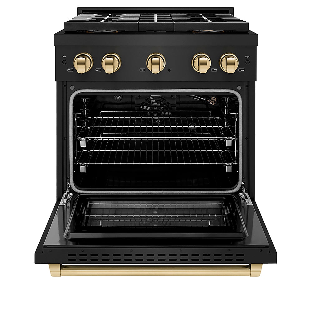 ZLINE Autograph Edition 30 in. 4.2 cu. ft. Paramount Gas Range with 4 Burner DuoPro™ Cooktop and Convection Gas Oven in Black Stainless Steel and Polished Gold Accents, Open Box-Good Condition
