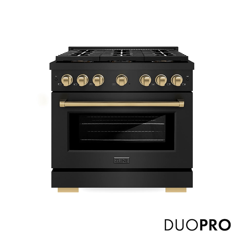 ZLINE Autograph Edition 36 in. 5.2 cu. ft. Paramount Gas Range with 6 Burner DuoPro™ Cooktop and Convection Gas Oven in Black Stainless Steel and Champagne Bronze Accents (PSGRBZ-36-CB) front, with DuoPro™ logo.