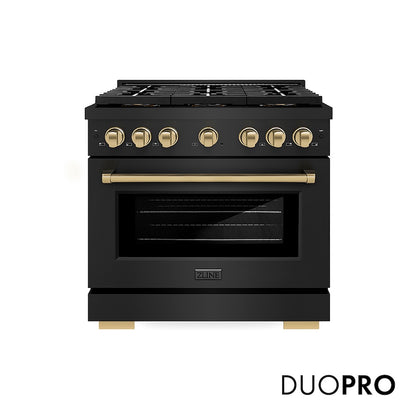 ZLINE Autograph Edition 36 in. 5.2 cu. ft. Paramount Gas Range with 6 Burner DuoPro™ Cooktop and Convection Gas Oven in Black Stainless Steel and Champagne Bronze Accents (PSGRBZ-36-CB) front, with DuoPro™ logo.