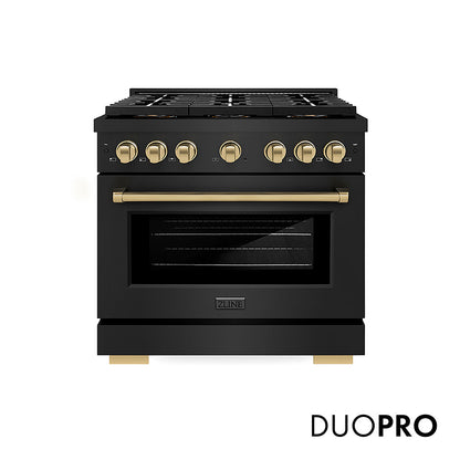 ZLINE Autograph Edition 36 in. 5.2 cu. ft. Paramount Gas Range with 6 Burner DuoPro™ Cooktop and Convection Gas Oven in Black Stainless Steel and Champagne Bronze Accents, Open Box-Great Condition