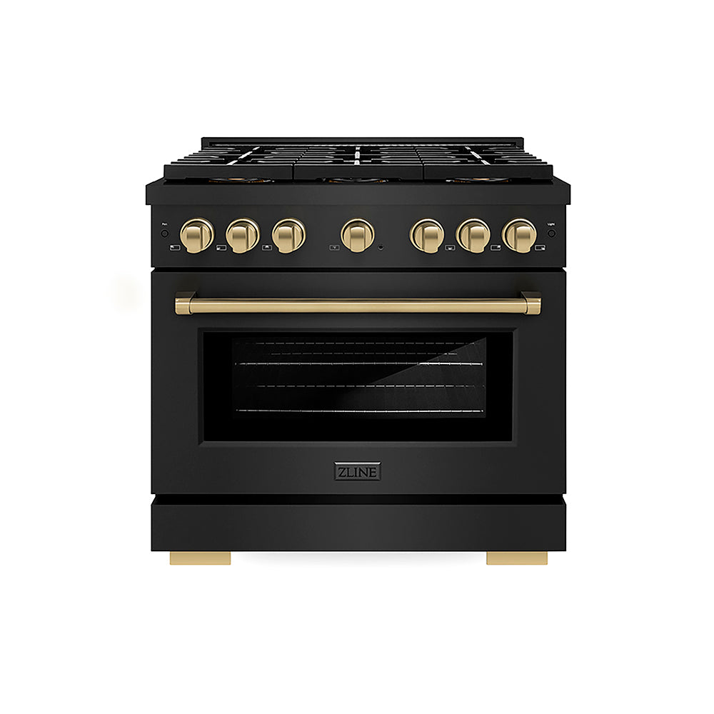ZLINE Autograph Edition 36 in. 5.2 cu. ft. Paramount Gas Range with 6 Burner DuoPro™ Cooktop and Convection Gas Oven in Black Stainless Steel and Champagne Bronze Accents, Open Box-Good Condition