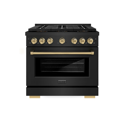 ZLINE Autograph Edition 36 in. 5.2 cu. ft. Paramount Gas Range with 6 Burner DuoPro™ Cooktop and Convection Gas Oven in Black Stainless Steel and Champagne Bronze Accents, Open Box-Good Condition
