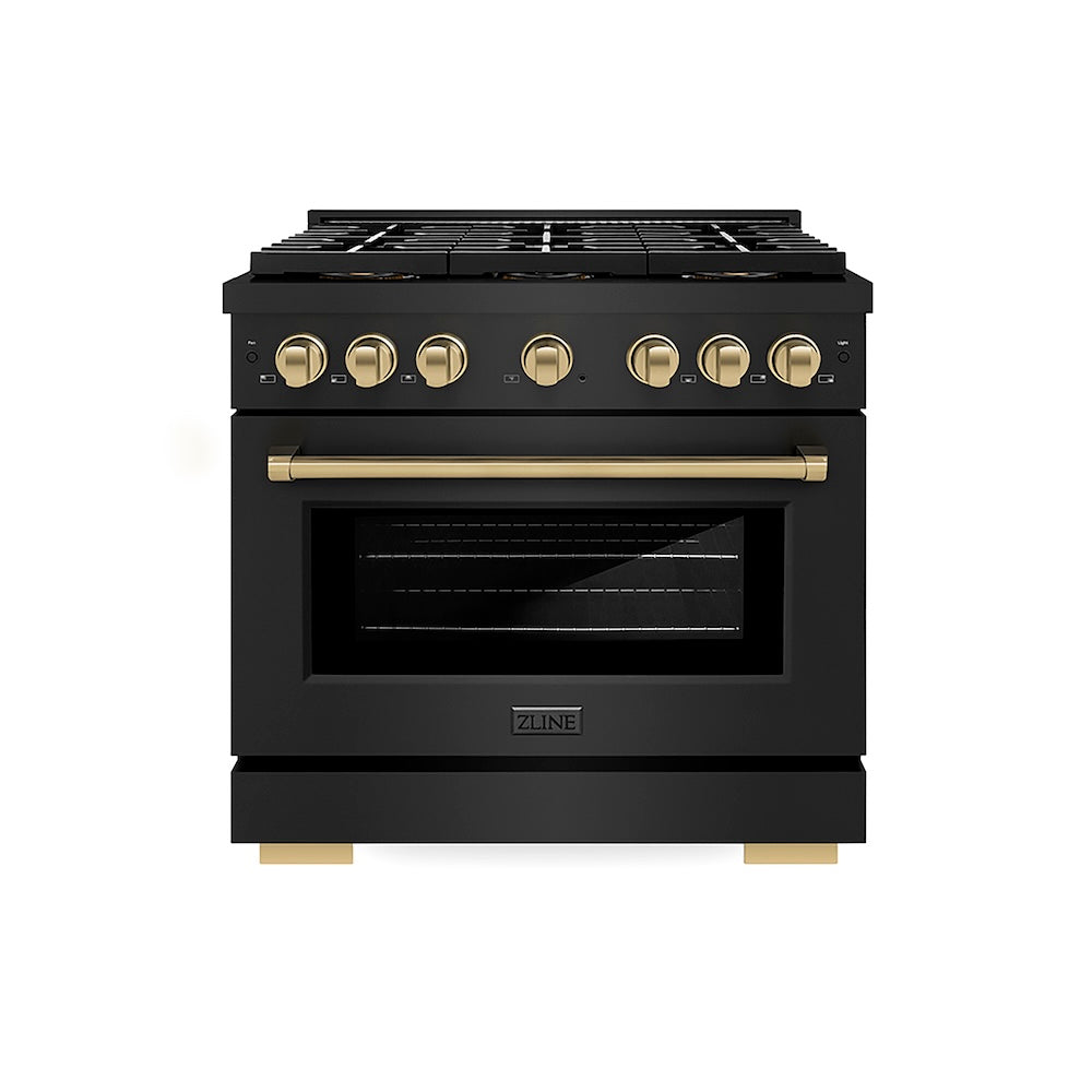 ZLINE Autograph Edition 36 in. 5.2 cu. ft. Paramount Gas Range with 6 Burner DuoPro™ Cooktop and Convection Gas Oven in Black Stainless Steel and Champagne Bronze Accents (PSGRBZ-36-CB) front.