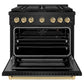 ZLINE Autograph Edition 36 in. 5.2 cu. ft. Paramount Gas Range with 6 Burner DuoPro™ Cooktop and Convection Gas Oven in Black Stainless Steel and Champagne Bronze Accents (PSGRBZ-36-CB) front, oven open.