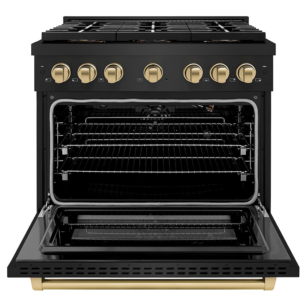 ZLINE Autograph Edition 36 in. 5.2 cu. ft. Paramount Gas Range with 6 Burner DuoPro™ Cooktop and Convection Gas Oven in Black Stainless Steel and Champagne Bronze Accents (PSGRBZ-36-CB) front, oven open.