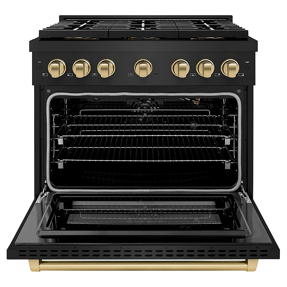 ZLINE Autograph Edition 36 in. 5.2 cu. ft. Paramount Gas Range with 6 Burner DuoPro™ Cooktop and Convection Gas Oven in Black Stainless Steel and Champagne Bronze Accents, Open Box-Good Condition