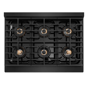 ZLINE Autograph Edition 36 in. 5.2 cu. ft. Paramount Gas Range with 6 Burner DuoPro™ Cooktop and Convection Gas Oven in Black Stainless Steel and Champagne Bronze Accents (PSGRBZ-36-CB) top-down, above cooktop.