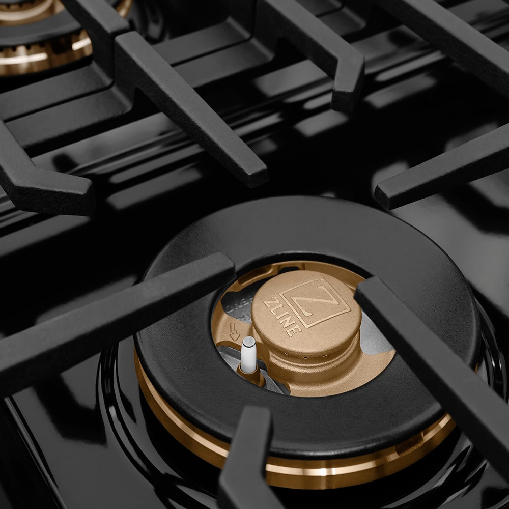 ZLINE Autograph Edition 36 in. 5.2 cu. ft. Paramount Gas Range with 6 Burner DuoPro™ Cooktop and Convection Gas Oven in Black Stainless Steel and Polished Gold Accents (PSGRBZ-36-G) large burner.