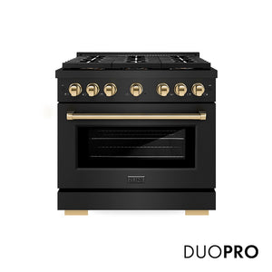 ZLINE Autograph Edition 36 in. 5.2 cu. ft. Paramount Gas Range with 6 Burner DuoPro™ Cooktop and Convection Gas Oven in Black Stainless Steel and Polished Gold Accents (PSGRBZ-36-G) main image.