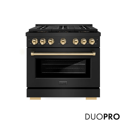 ZLINE Autograph Edition 36 in. 5.2 cu. ft. Paramount Gas Range with 6 Burner DuoPro™ Cooktop and Convection Gas Oven in Black Stainless Steel and Polished Gold Accents (PSGRBZ-36-G) front, with DuoPro™ logo.