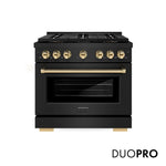 ZLINE Autograph Edition 36 in. 5.2 cu. ft. Paramount Gas Range with 6 Burner DuoPro™ Cooktop and Convection Gas Oven in Black Stainless Steel and Polished Gold Accents, Open Box-Good Condition