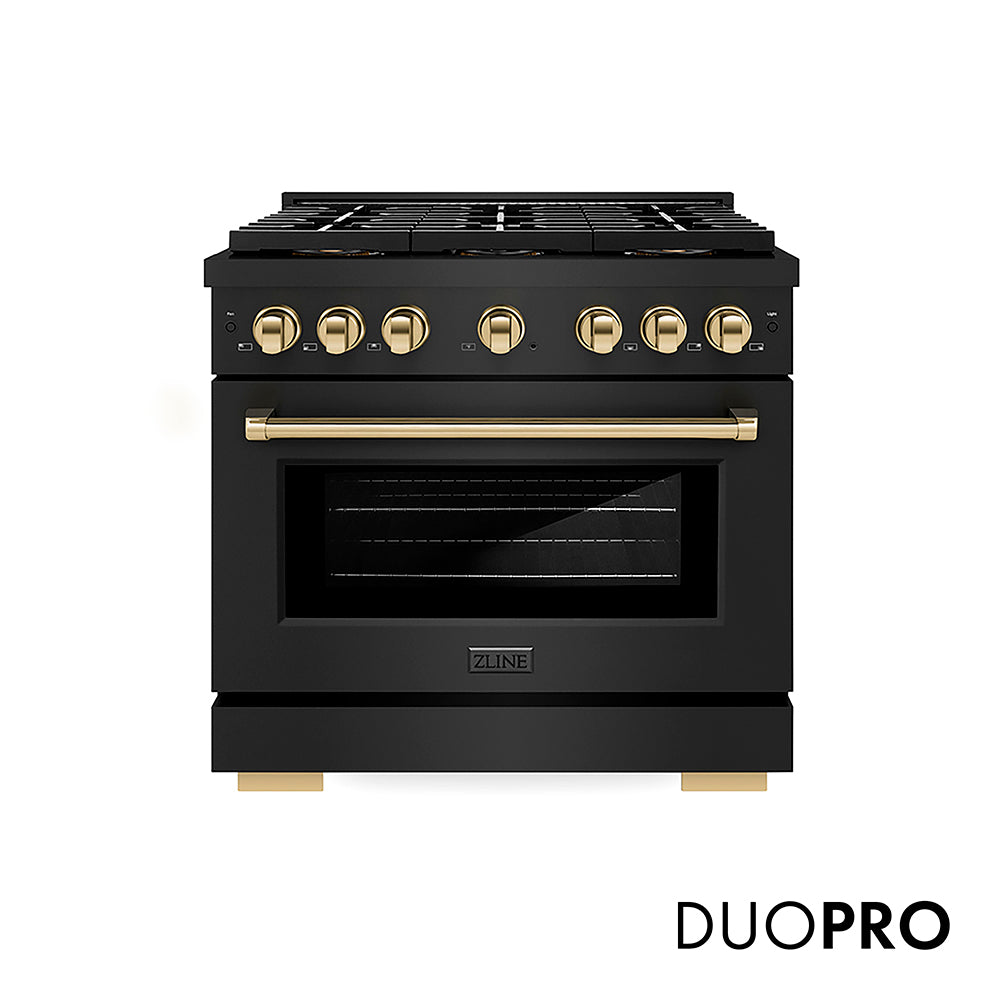 ZLINE Autograph Edition 36 in. 5.2 cu. ft. Paramount Gas Range with 6 Burner DuoPro™ Cooktop and Convection Gas Oven in Black Stainless Steel and Polished Gold Accents, Open Box-Good Condition