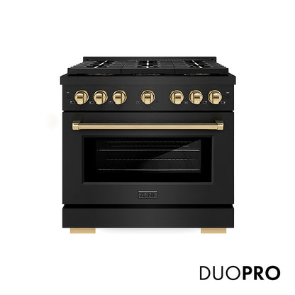 ZLINE Autograph Edition 36 in. 5.2 cu. ft. Paramount Gas Range with 6 Burner DuoPro™ Cooktop and Convection Gas Oven in Black Stainless Steel and Polished Gold Accents, Open Box-Good Condition