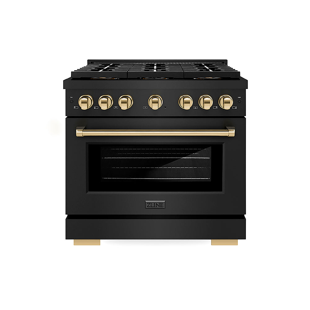 ZLINE Autograph Edition 36 in. 5.2 cu. ft. Paramount Gas Range with 6 Burner DuoPro™ Cooktop and Convection Gas Oven in Black Stainless Steel and Polished Gold Accents, Open Box-Good Condition