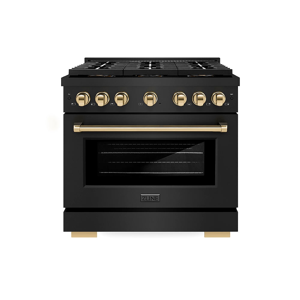 ZLINE Autograph Edition 36 in. 5.2 cu. ft. Paramount Gas Range with 6 Burner DuoPro™ Cooktop and Convection Gas Oven in Black Stainless Steel and Polished Gold Accents (PSGRBZ-36-G) front.