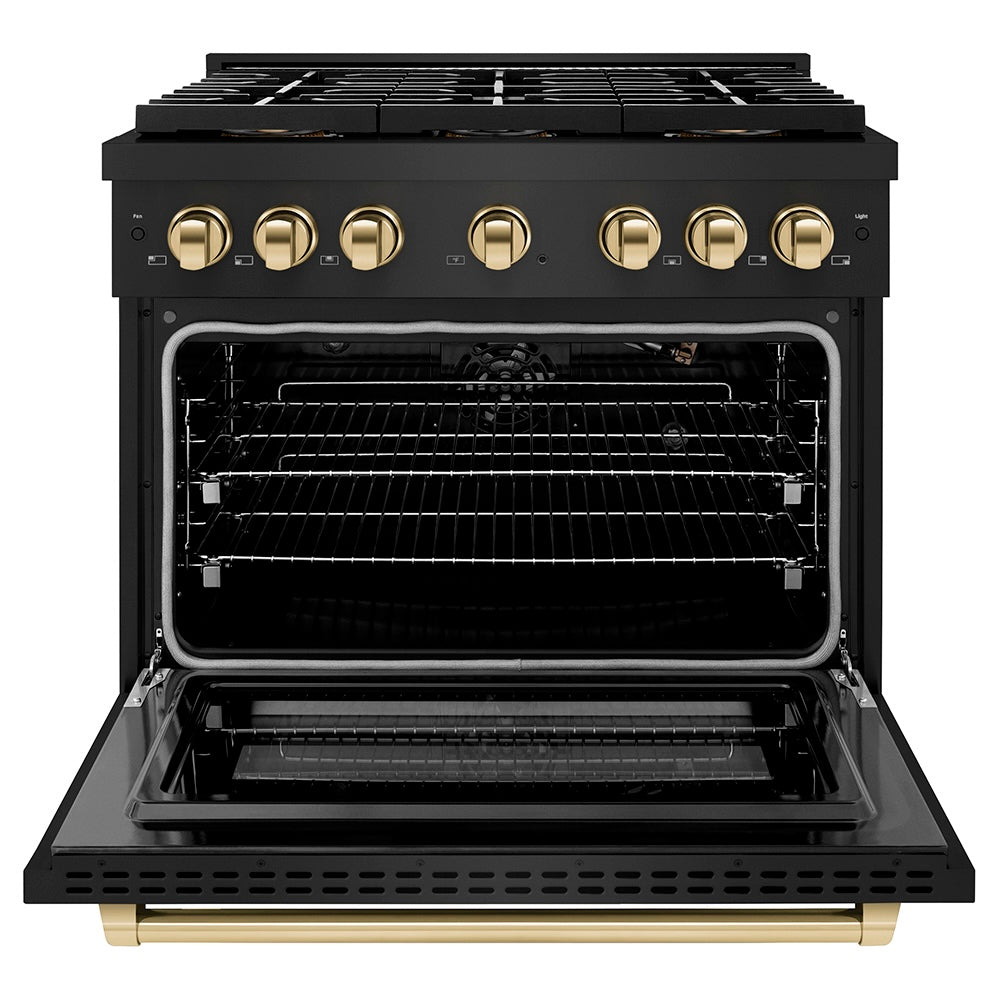 ZLINE Autograph Edition 36 in. 5.2 cu. ft. Paramount Gas Range with 6 Burner DuoPro™ Cooktop and Convection Gas Oven in Black Stainless Steel and Polished Gold Accents (PSGRBZ-36-G) front, oven open.