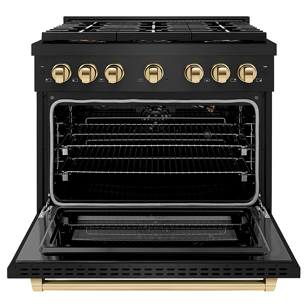 ZLINE Autograph Edition 36 in. 5.2 cu. ft. Paramount Gas Range with 6 Burner DuoPro™ Cooktop and Convection Gas Oven in Black Stainless Steel and Polished Gold Accents, Open Box-Good Condition