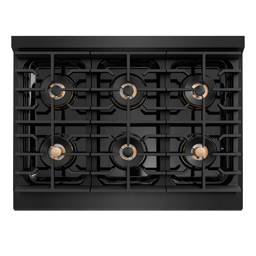 ZLINE Autograph Edition 36 in. 5.2 cu. ft. Paramount Gas Range with 6 Burner DuoPro™ Cooktop and Convection Gas Oven in Black Stainless Steel and Polished Gold Accents (PSGRBZ-36-G) top down, above cooktop.