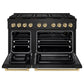 ZLINE Autograph Edition 48 in. 6.7 cu. ft. Paramount Gas Range with 8 Burner DuoPro™ Cooktop and Dual Ovens in Black Stainless Steel and Champagne Bronze Accents (PSGRBZ-48-CB) front, oven open.