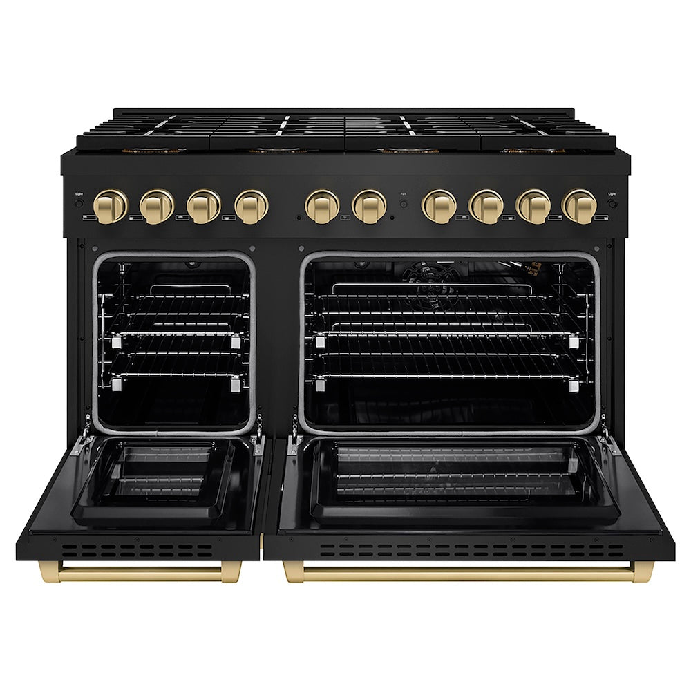 ZLINE Autograph Edition 48 in. 6.7 cu. ft. Paramount Gas Range with 8 Burner DuoPro™ Cooktop and Dual Ovens in Black Stainless Steel and Champagne Bronze Accents (PSGRBZ-48-CB) front, oven open.