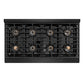 ZLINE Autograph Edition 48 in. 6.7 cu. ft. Paramount Gas Range with 8 Burner DuoPro™ Cooktop and Dual Ovens in Black Stainless Steel and Champagne Bronze Accents (PSGRBZ-48-CB) top-down, above cooktop.