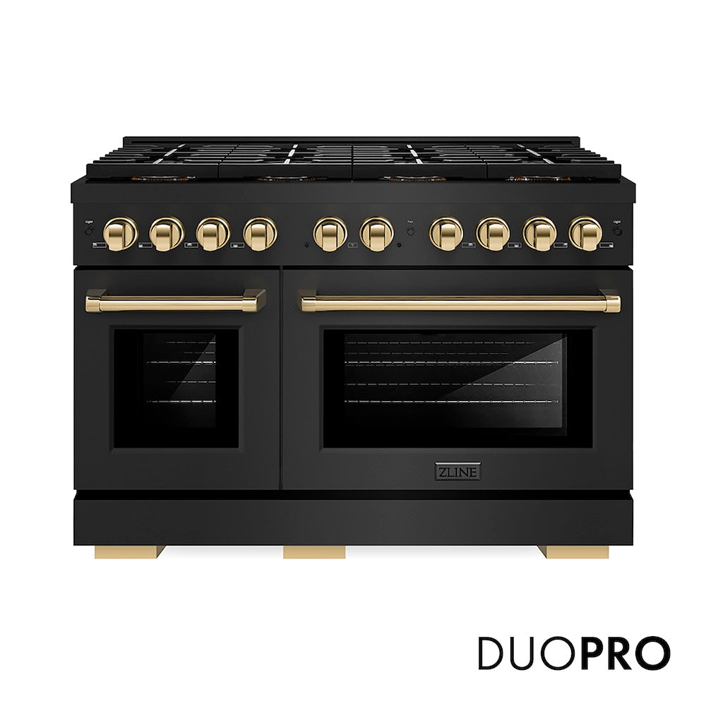ZLINE Autograph Edition 48 in. 6.7 cu. ft. Paramount Gas Range with 8 Burner DuoPro™ Cooktop and Dual Ovens in Black Stainless Steel with Champagne Bronze Helix Handles and Accents (PSGRBZ-48-KCB) front, with DuoPro™ logo.