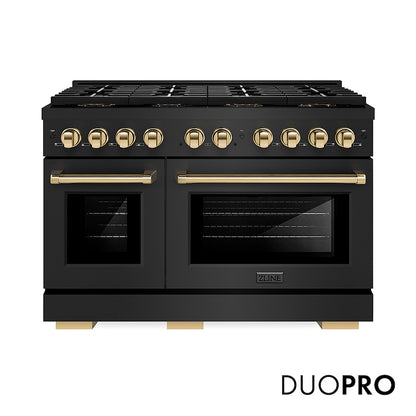 ZLINE Autograph Edition 48 in. 6.7 cu. ft. Paramount Gas Range with 8 Burner DuoPro™ Cooktop and Dual Ovens in Black Stainless Steel with Champagne Bronze Helix Handles and Accents (PSGRBZ-48-KCB) front, with DuoPro™ logo.